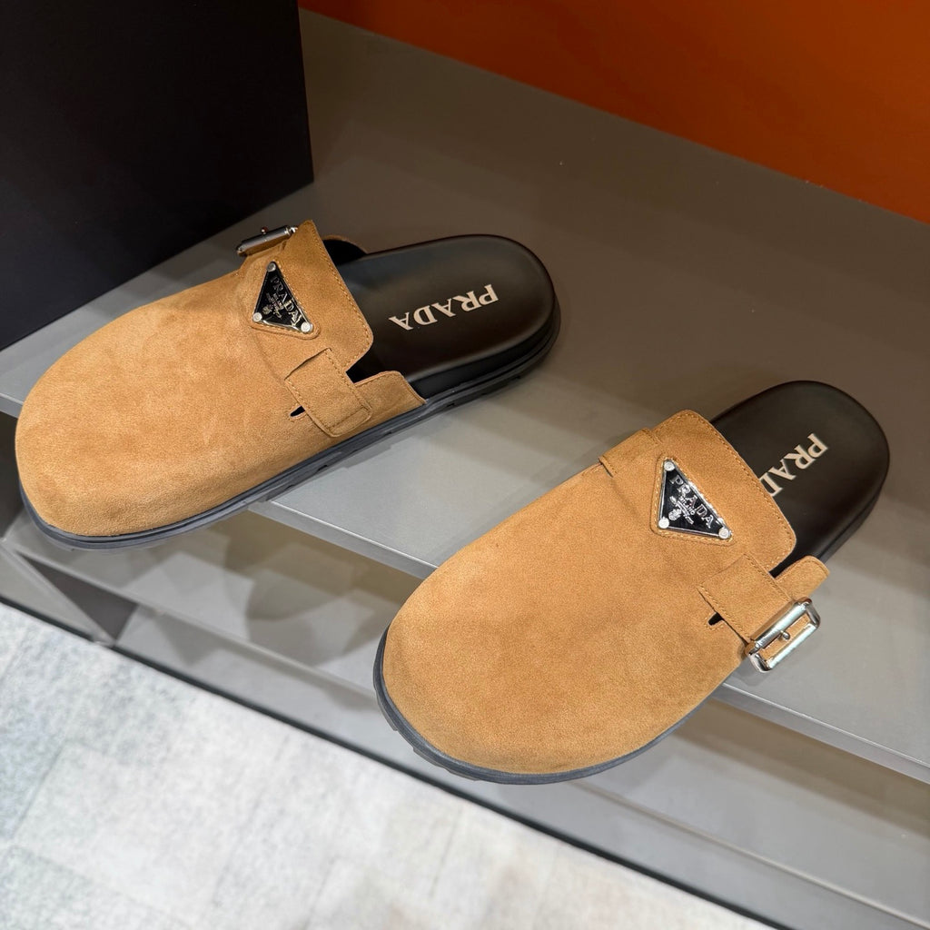 PRADA Men’s Camel Slip-On Mules | Triangle Logo & Metal Buckle Detail
