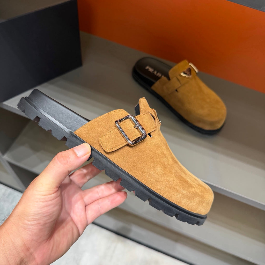 PRADA Men’s Camel Slip-On Mules | Triangle Logo & Metal Buckle Detail