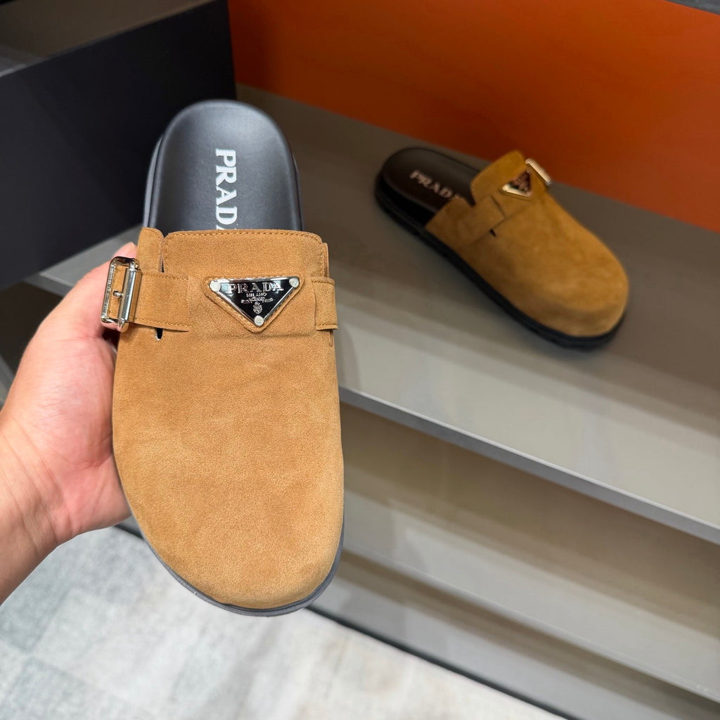 PRADA Men’s Camel Slip-On Mules | Triangle Logo & Metal Buckle Detail