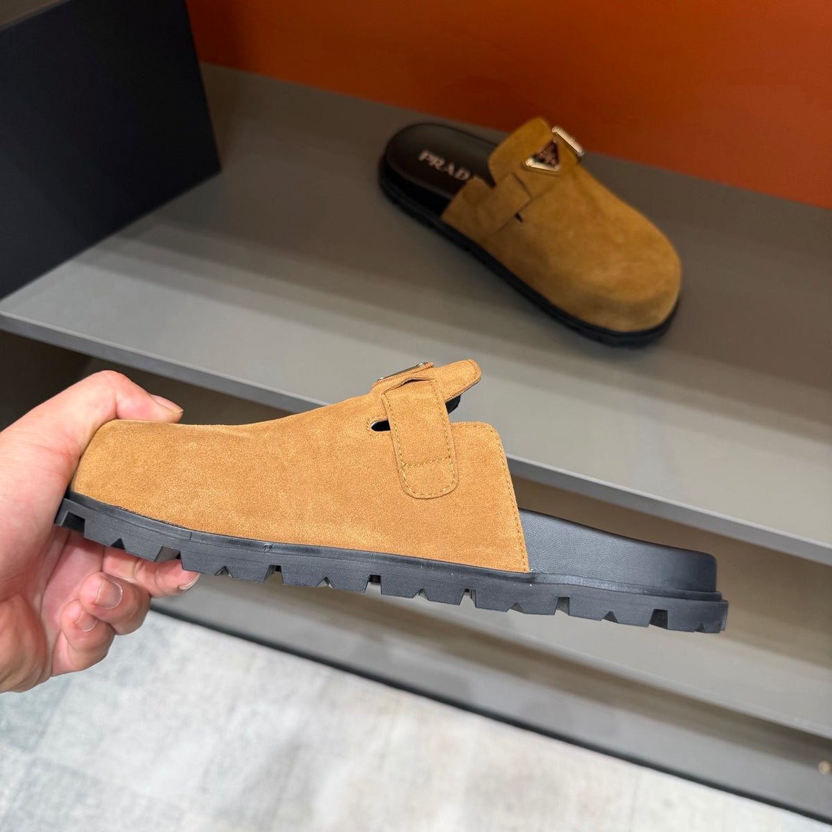 PRADA Men’s Camel Slip-On Mules | Triangle Logo & Metal Buckle Detail