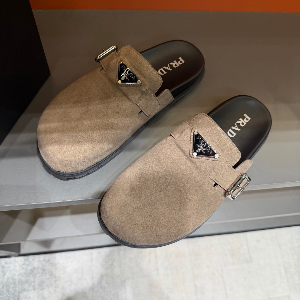 PRADA Men’s Sand Beige Mules | Triangle Logo & Metal Buckle Detail