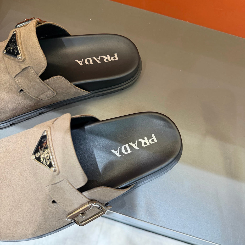 PRADA Men’s Sand Beige Mules | Triangle Logo & Metal Buckle Detail