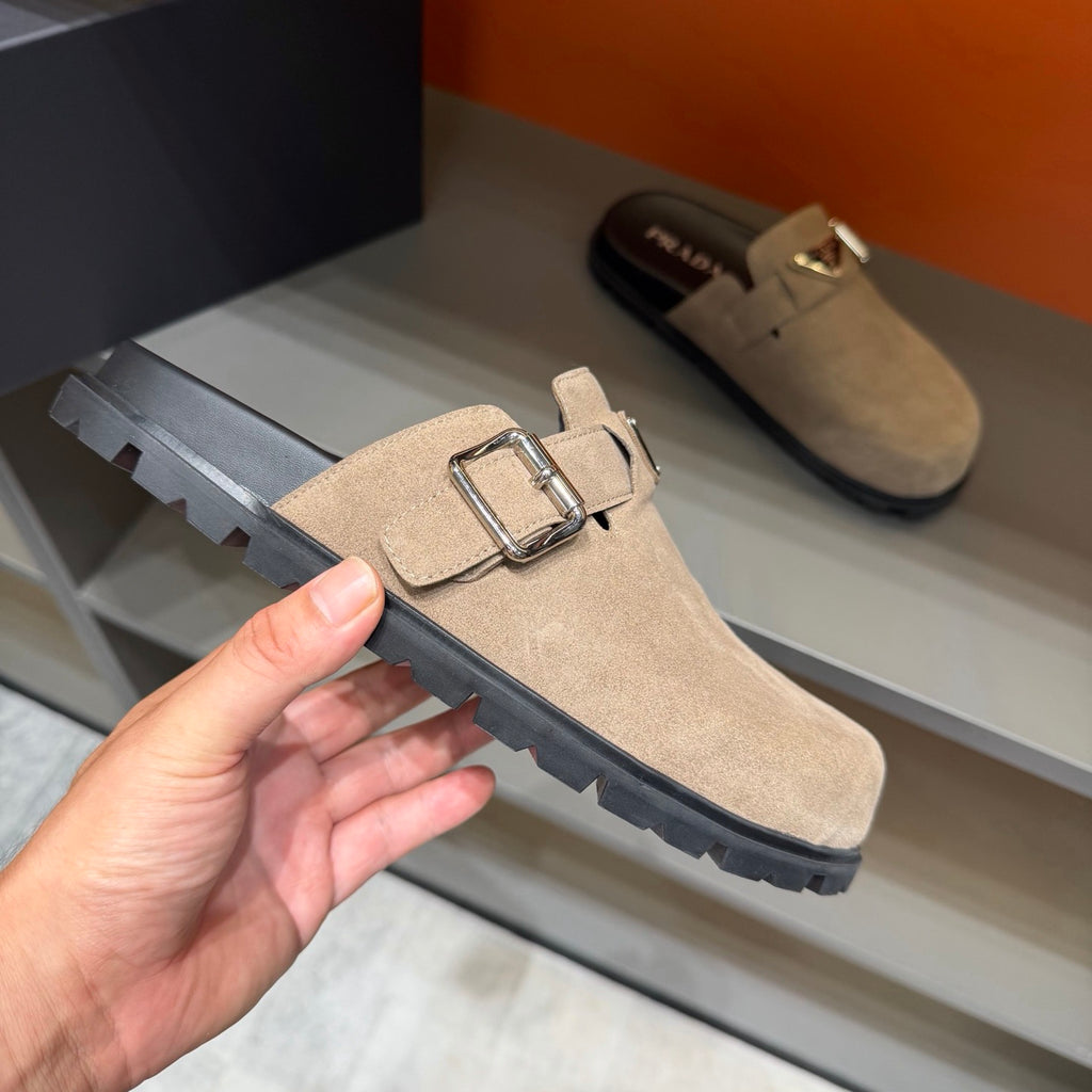 PRADA Men’s Sand Beige Mules | Triangle Logo & Metal Buckle Detail