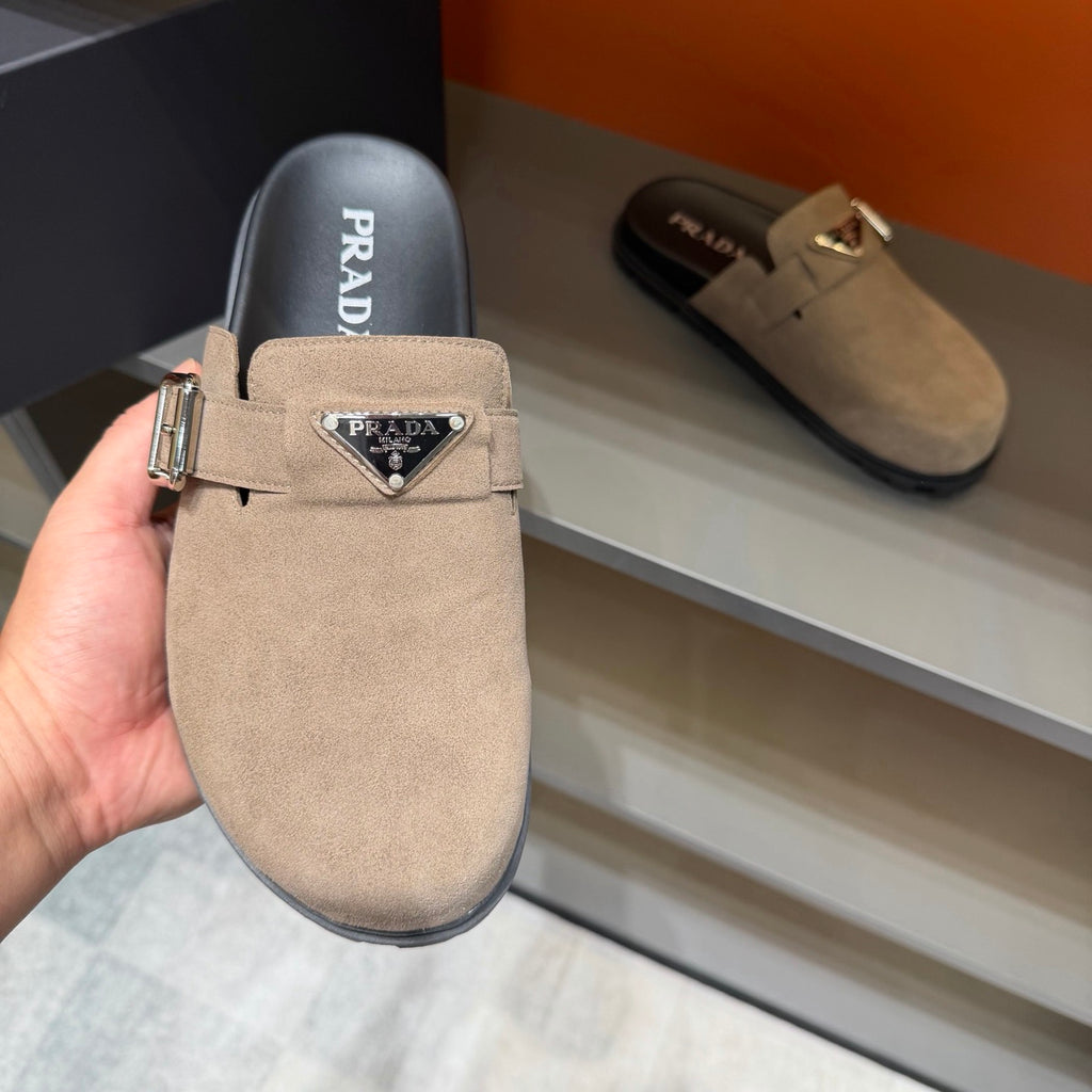 PRADA Men’s Sand Beige Mules | Triangle Logo & Metal Buckle Detail