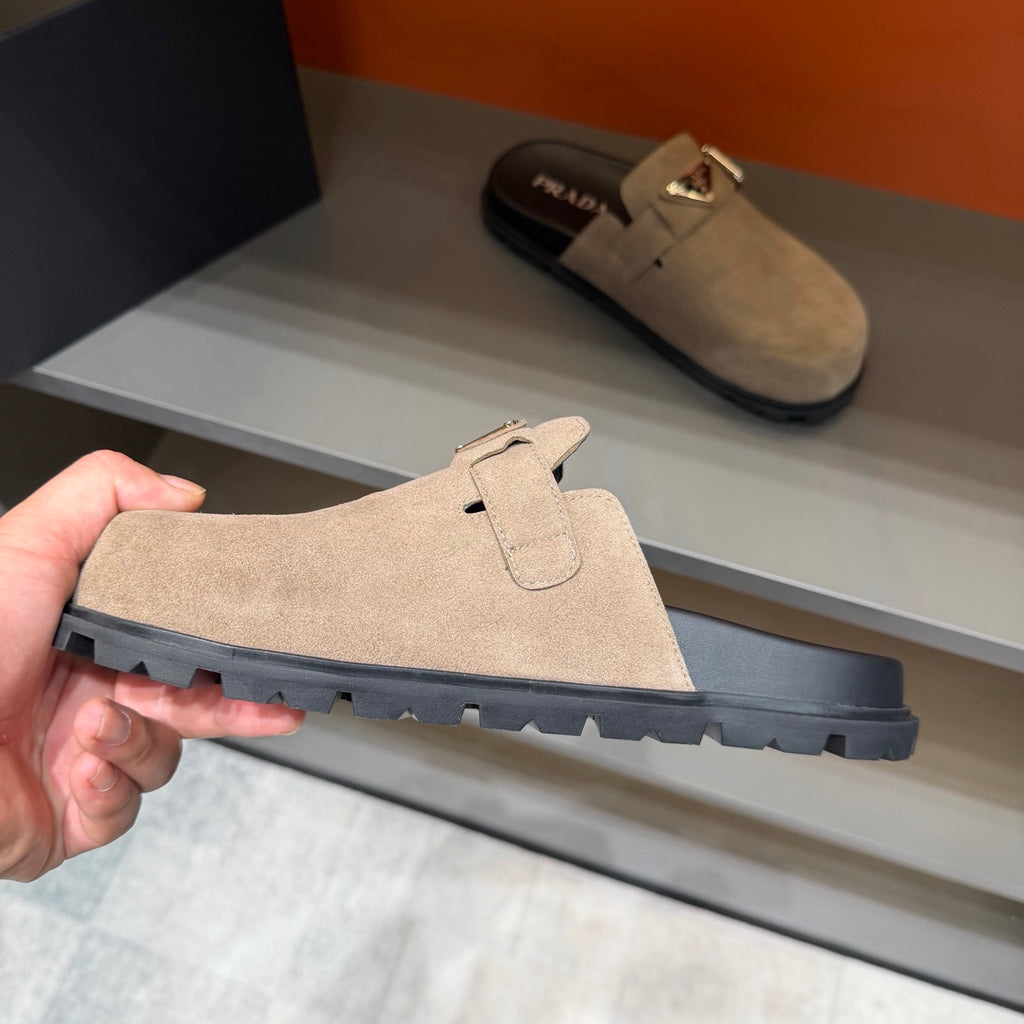 PRADA Men’s Sand Beige Mules | Triangle Logo & Metal Buckle Detail