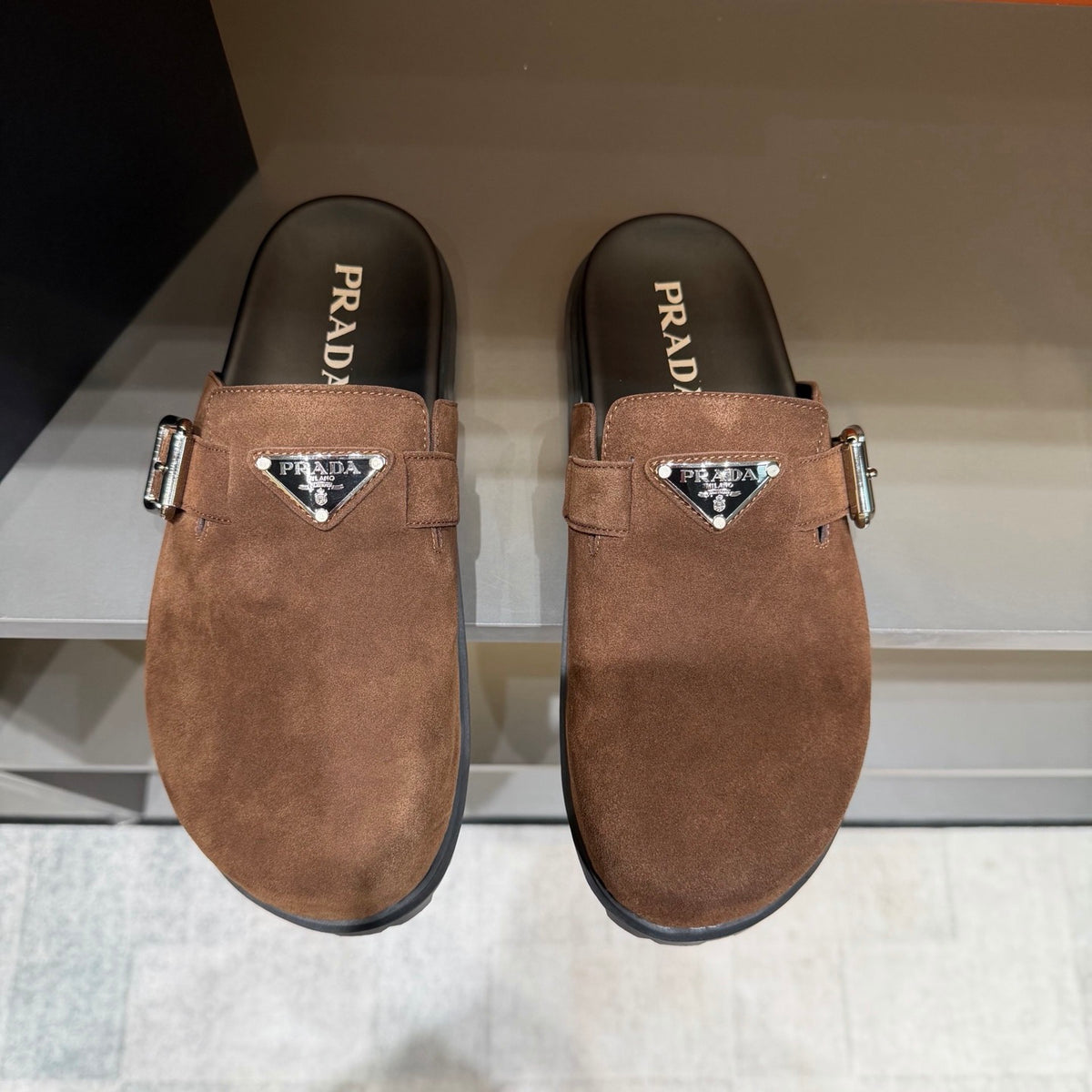 PRADA Men’s Warm Brown Mules | Triangle Logo & Metal Buckle Detail