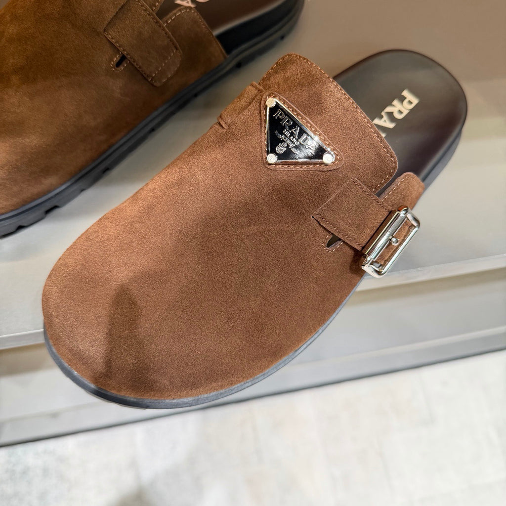 PRADA Men’s Warm Brown Mules | Triangle Logo & Metal Buckle Detail