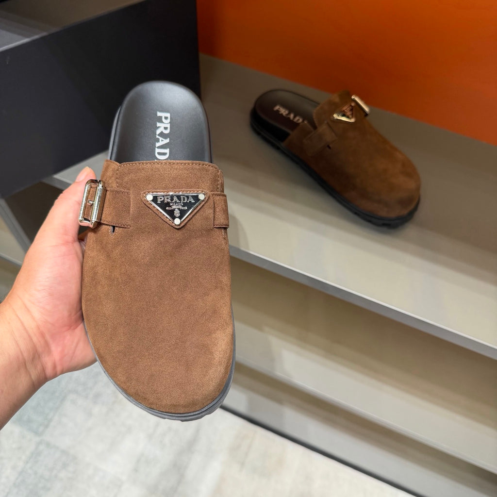 PRADA Men’s Warm Brown Mules | Triangle Logo & Metal Buckle Detail