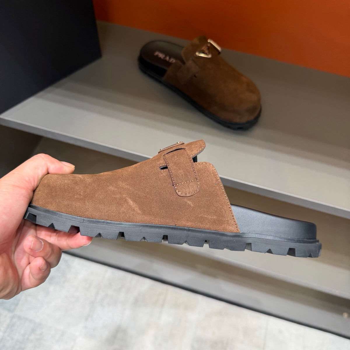 PRADA Men’s Warm Brown Mules | Triangle Logo & Metal Buckle Detail