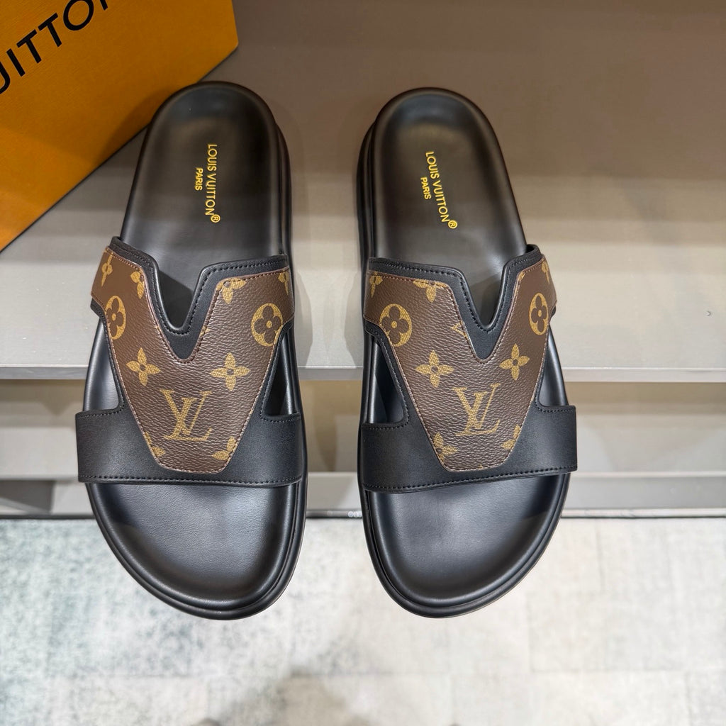 Men’s Black & Brown Monogram Slide Sandals | V-Cut Upper & Refined Casual Style