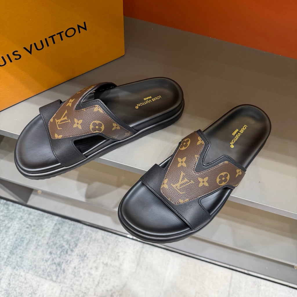 Men’s Black & Brown Monogram Slide Sandals | V-Cut Upper & Refined Casual Style