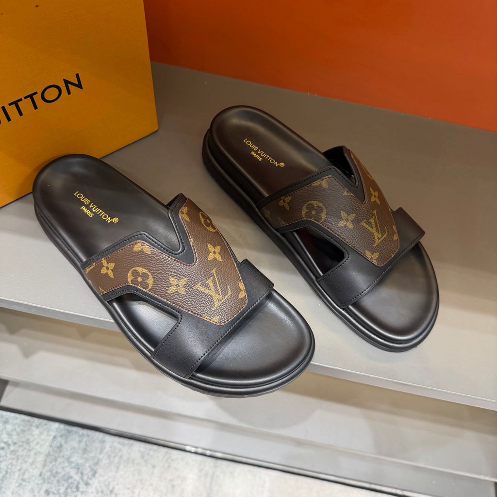 Men’s Black & Brown Monogram Slide Sandals | V-Cut Upper & Refined Casual Style