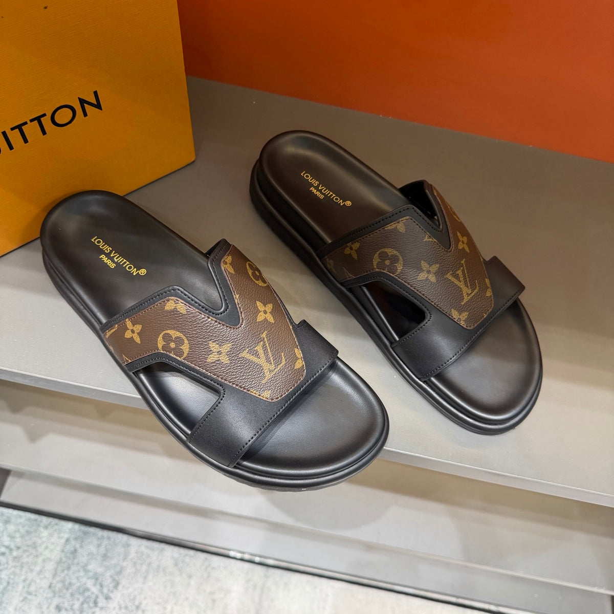 Men’s Black & Brown Monogram Slide Sandals | V-Cut Upper & Refined Casual Style
