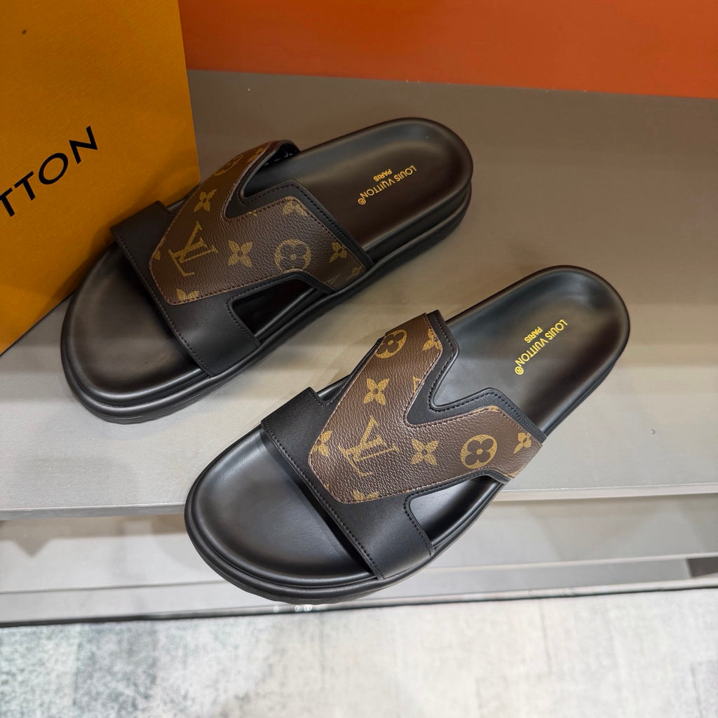 Men’s Black & Brown Monogram Slide Sandals | V-Cut Upper & Refined Casual Style