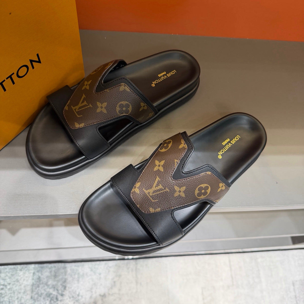 Men’s Black & Brown Monogram Slide Sandals | V-Cut Upper & Refined Casual Style
