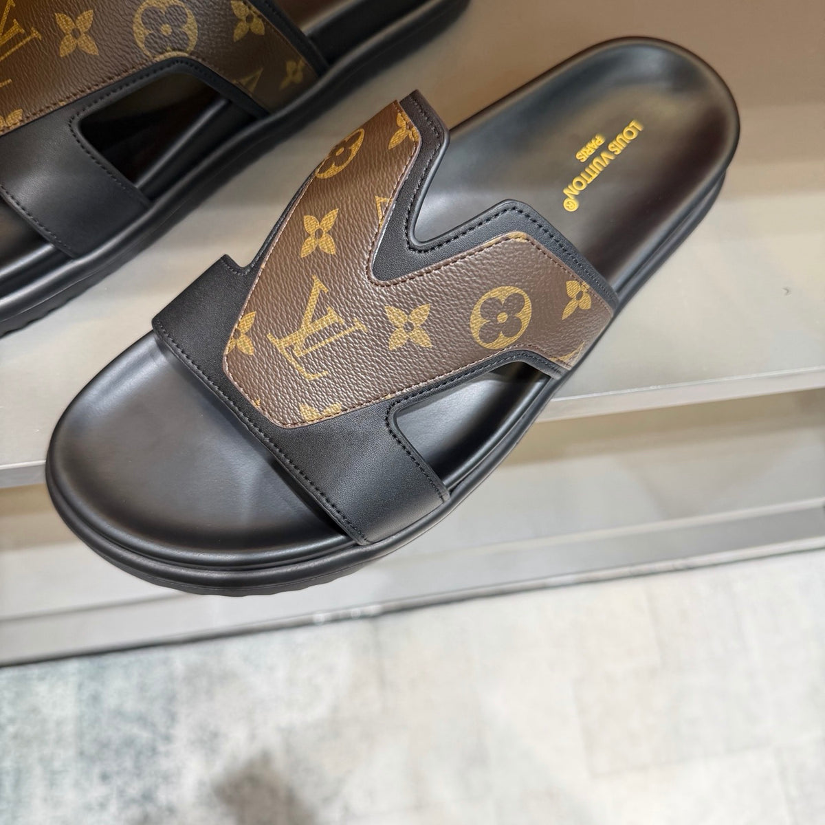 Men’s Black & Brown Monogram Slide Sandals | V-Cut Upper & Refined Casual Style