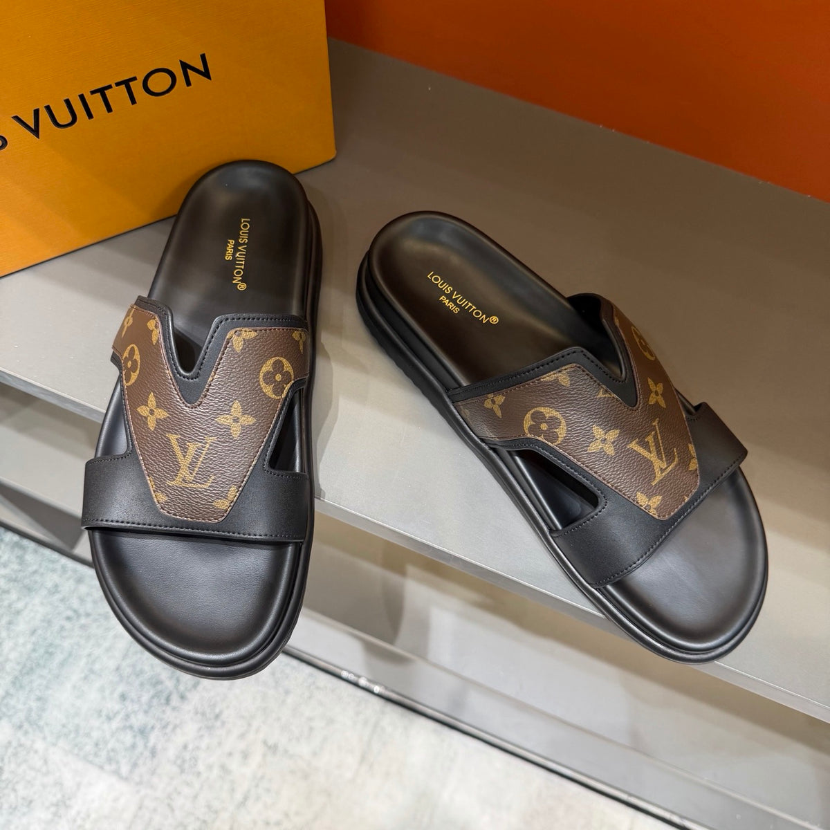 Men’s Black & Brown Monogram Slide Sandals | V-Cut Upper & Refined Casual Style