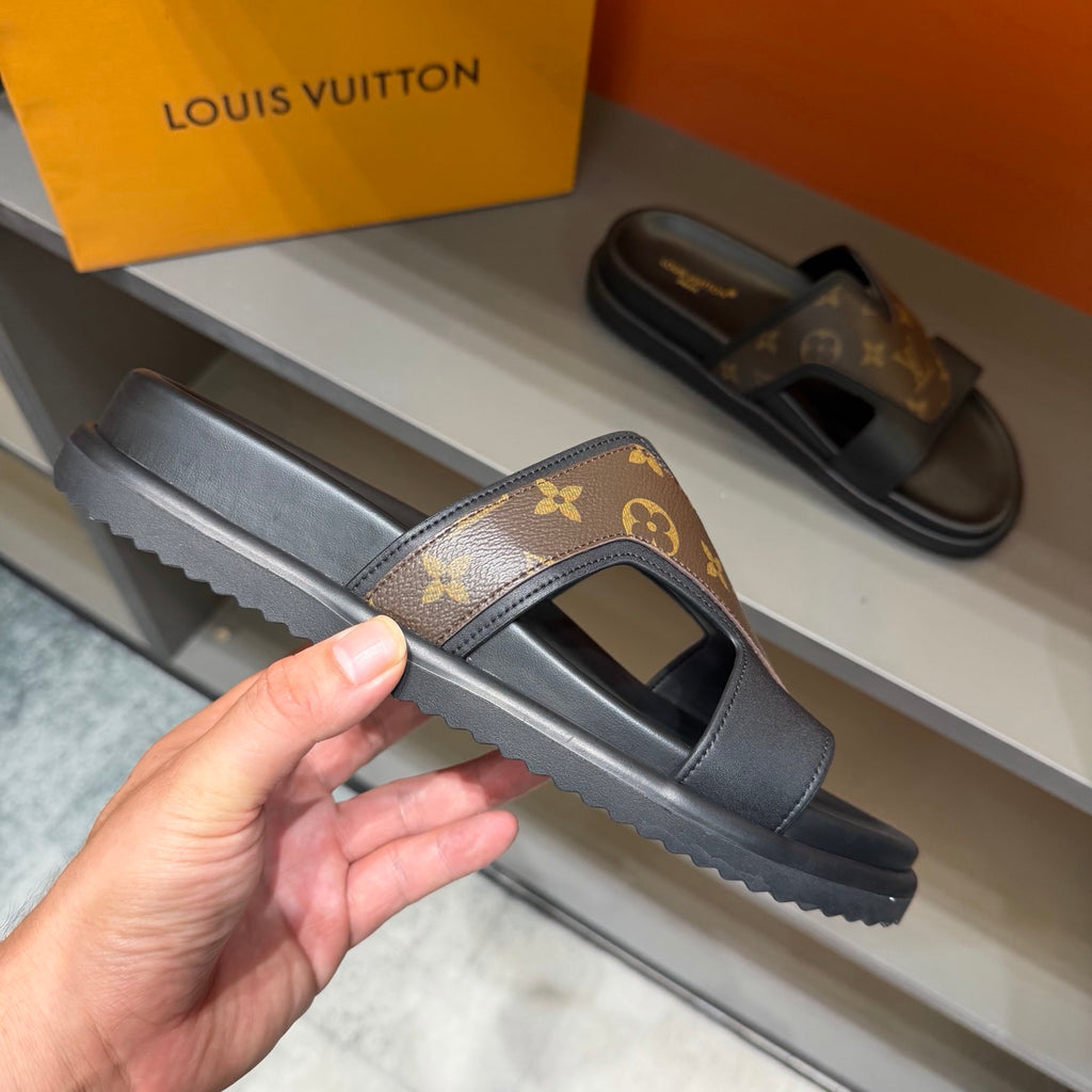 Men’s Black & Brown Monogram Slide Sandals | V-Cut Upper & Refined Casual Style
