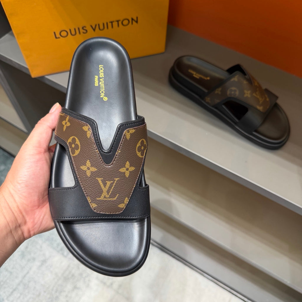 Men’s Black & Brown Monogram Slide Sandals | V-Cut Upper & Refined Casual Style