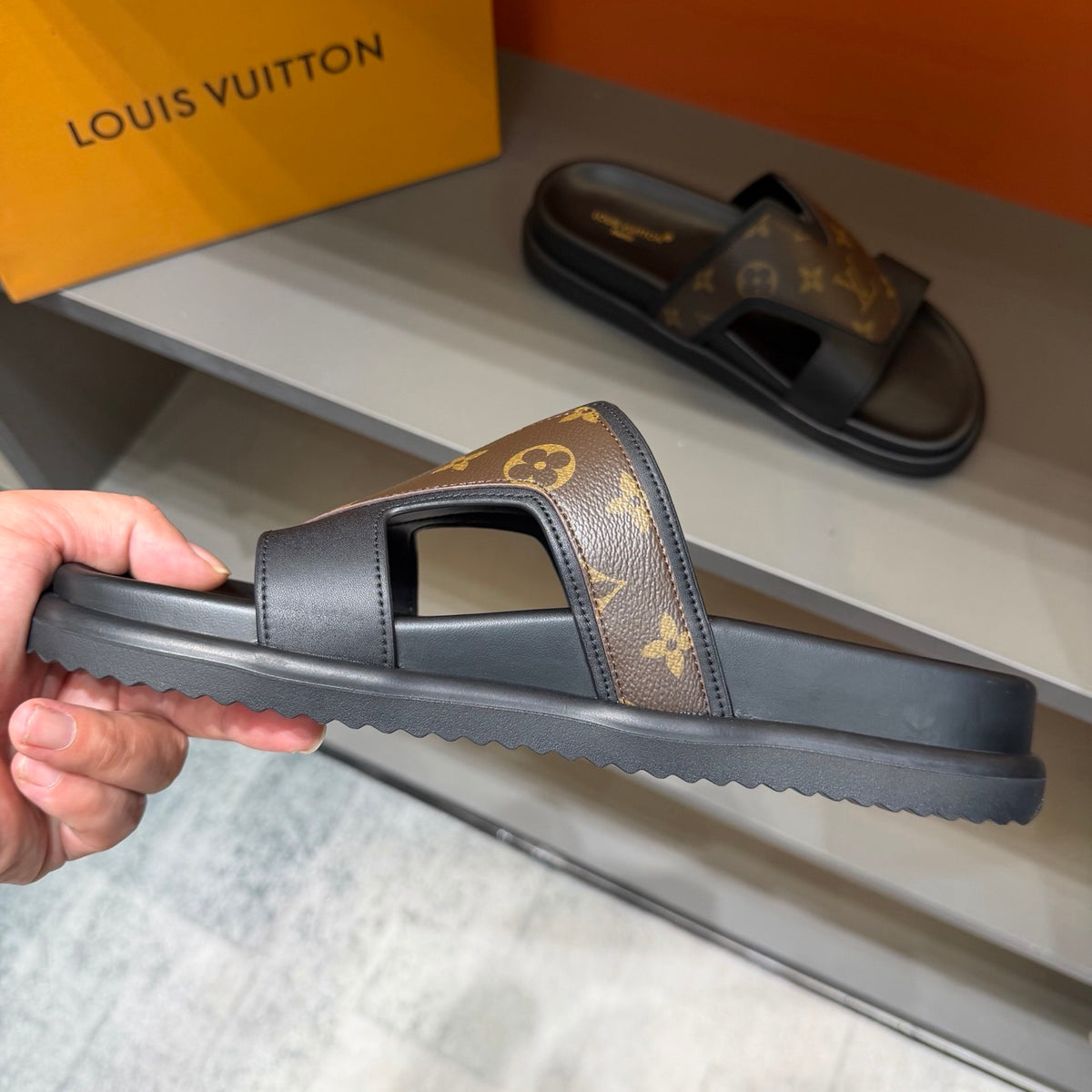 Men’s Black & Brown Monogram Slide Sandals | V-Cut Upper & Refined Casual Style