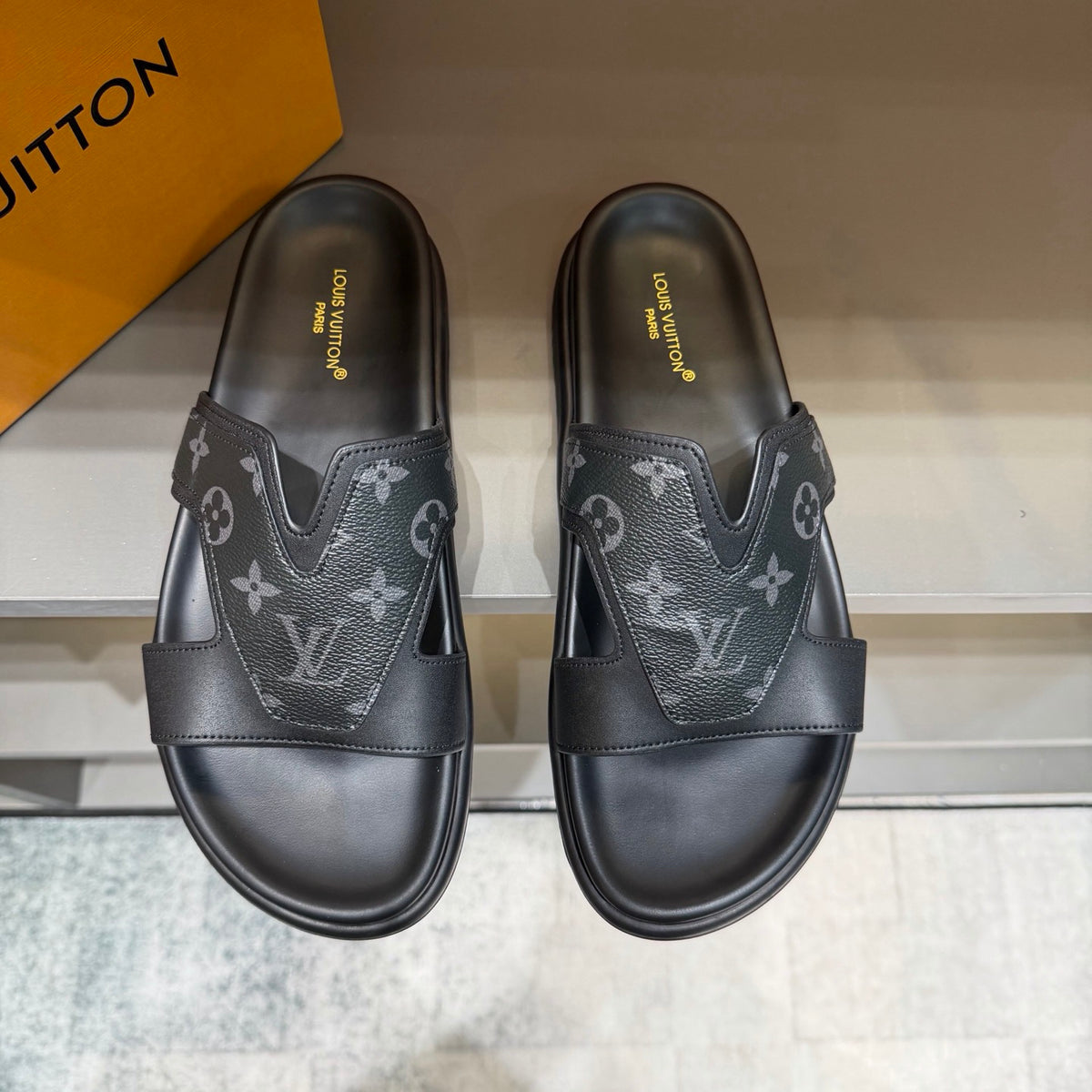 Men’s Black & Grey Monogram Slide Sandals | V-Cut Upper & Understated Style