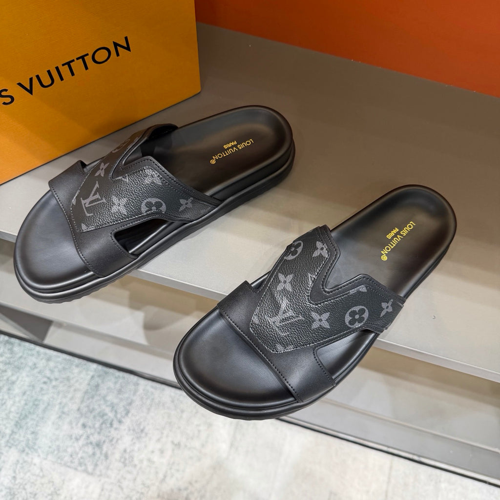Men’s Black & Grey Monogram Slide Sandals | V-Cut Upper & Understated Style