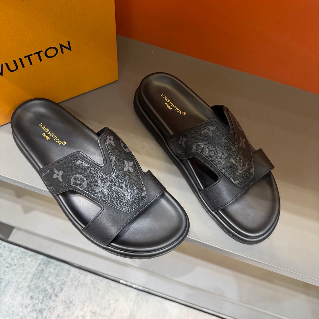 Men’s Black & Grey Monogram Slide Sandals | V-Cut Upper & Understated Style