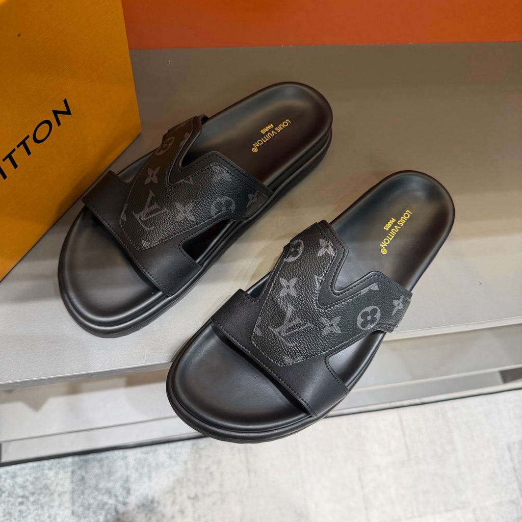 Men’s Black & Grey Monogram Slide Sandals | V-Cut Upper & Understated Style