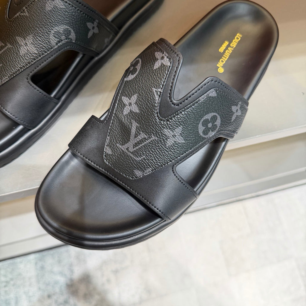 Men’s Black & Grey Monogram Slide Sandals | V-Cut Upper & Understated Style