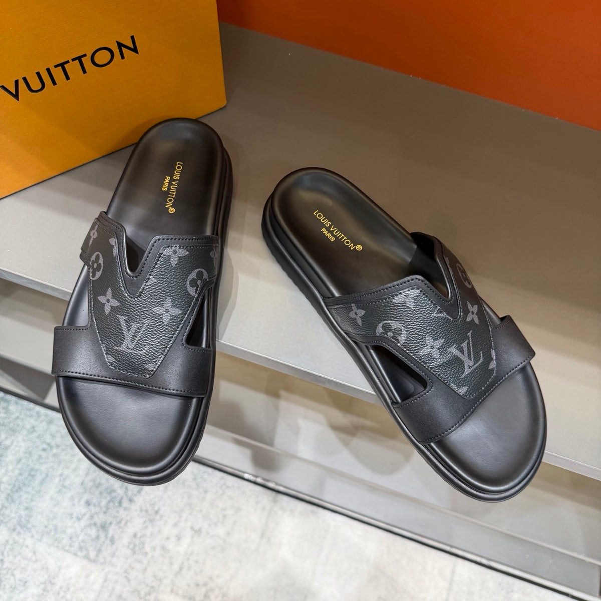 Men’s Black & Grey Monogram Slide Sandals | V-Cut Upper & Understated Style