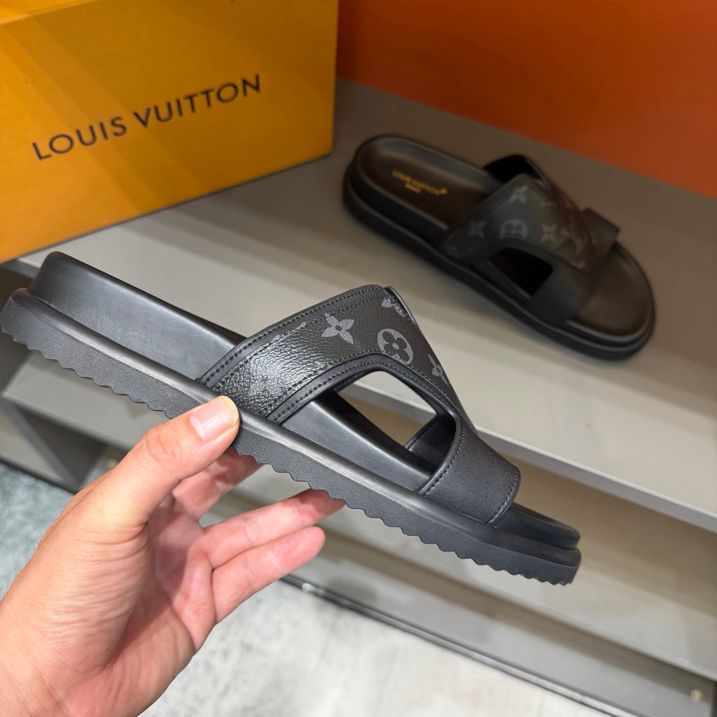Men’s Black & Grey Monogram Slide Sandals | V-Cut Upper & Understated Style