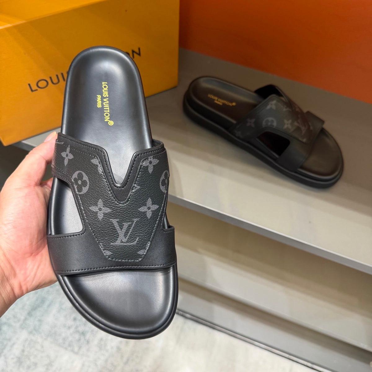 Men’s Black & Grey Monogram Slide Sandals | V-Cut Upper & Understated Style