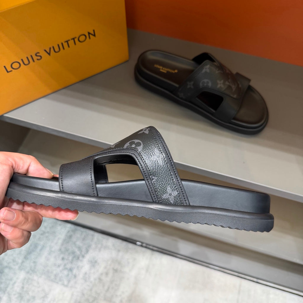 Men’s Black & Grey Monogram Slide Sandals | V-Cut Upper & Understated Style