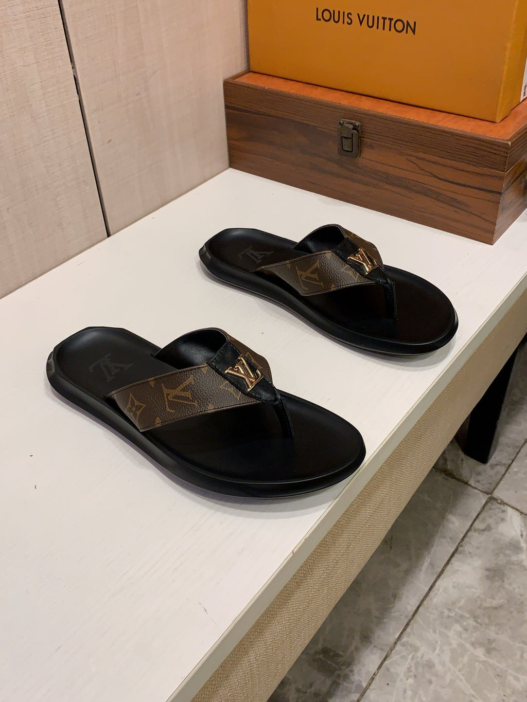 Men’s Black & Brown Monogram Thong Sandals | Gold-Tone Letter Accent