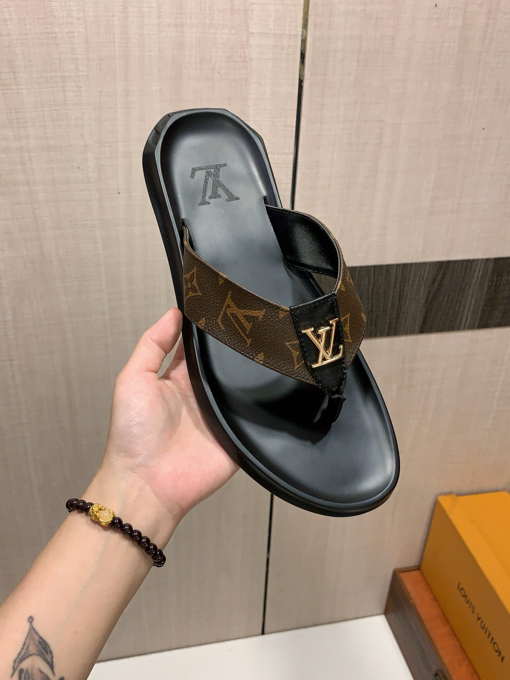 Men’s Black & Brown Monogram Thong Sandals | Gold-Tone Letter Accent