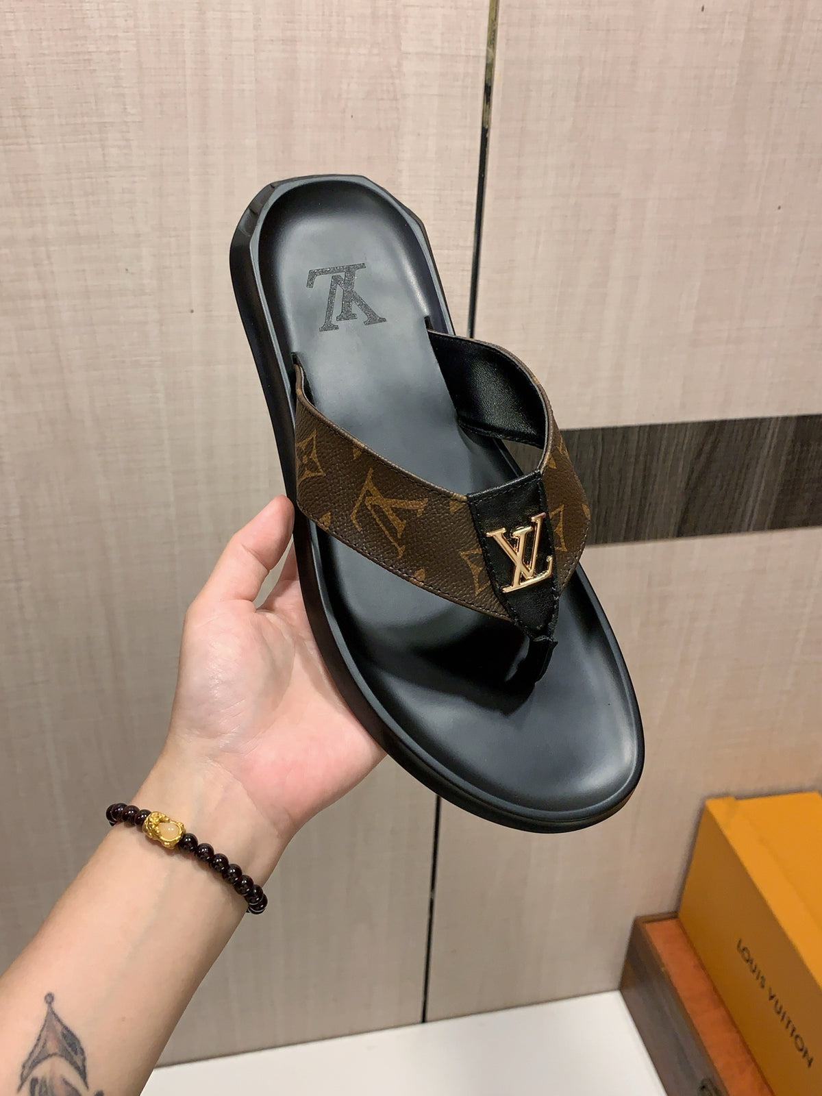 Men’s Black & Brown Monogram Thong Sandals | Gold-Tone Letter Accent