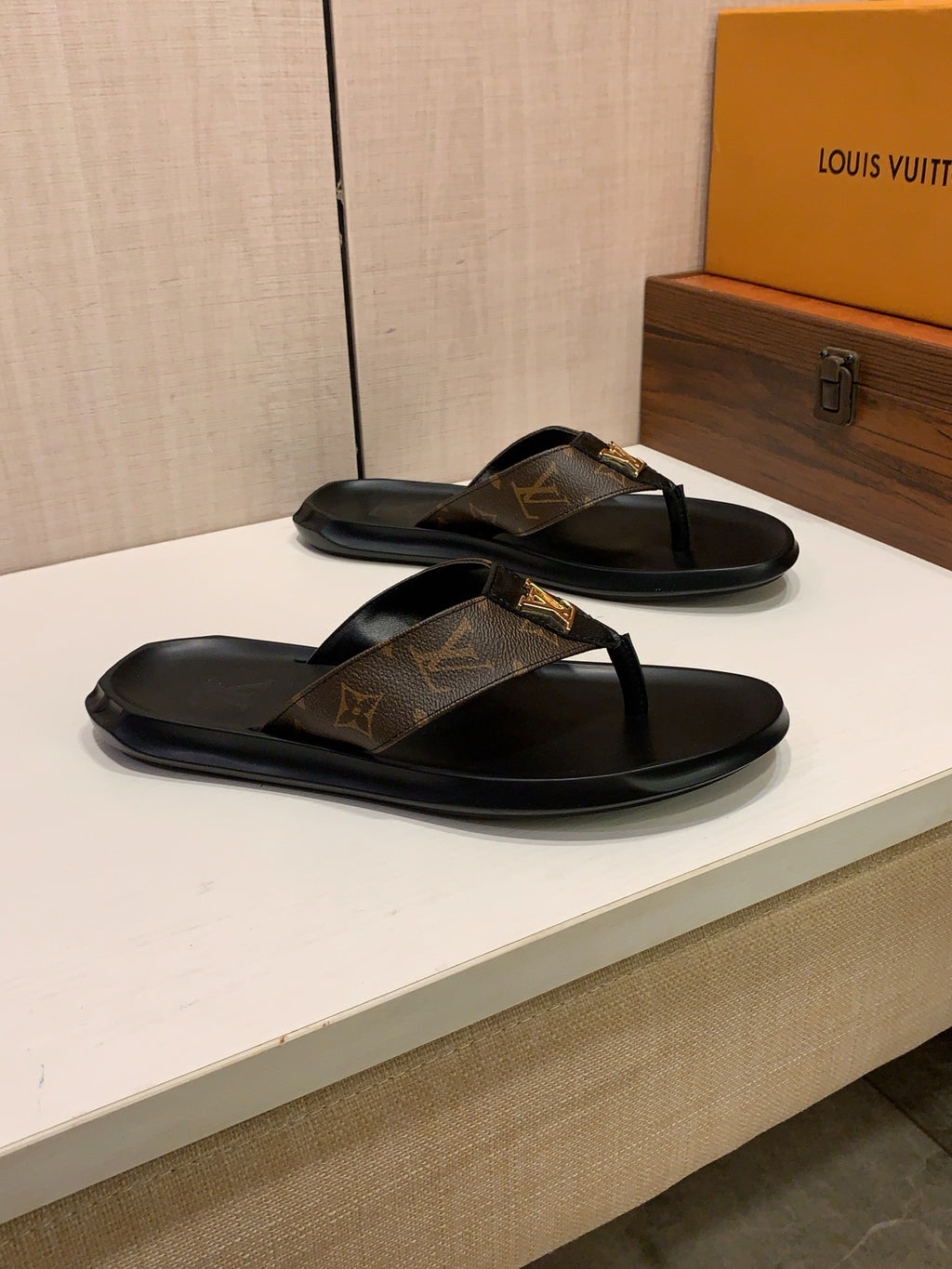 Men’s Black & Brown Monogram Thong Sandals | Gold-Tone Letter Accent