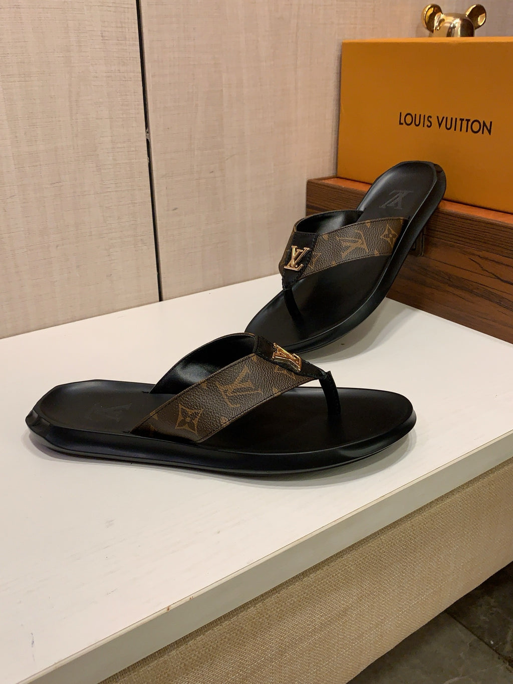 Men’s Black & Brown Monogram Thong Sandals | Gold-Tone Letter Accent