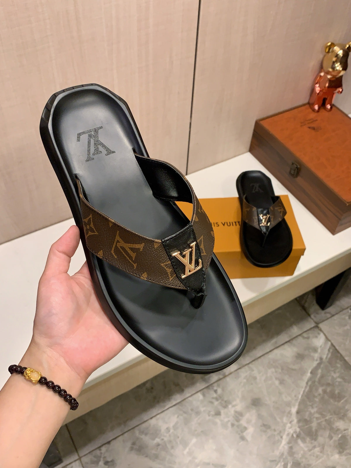 Men’s Black & Brown Monogram Thong Sandals | Gold-Tone Letter Accent
