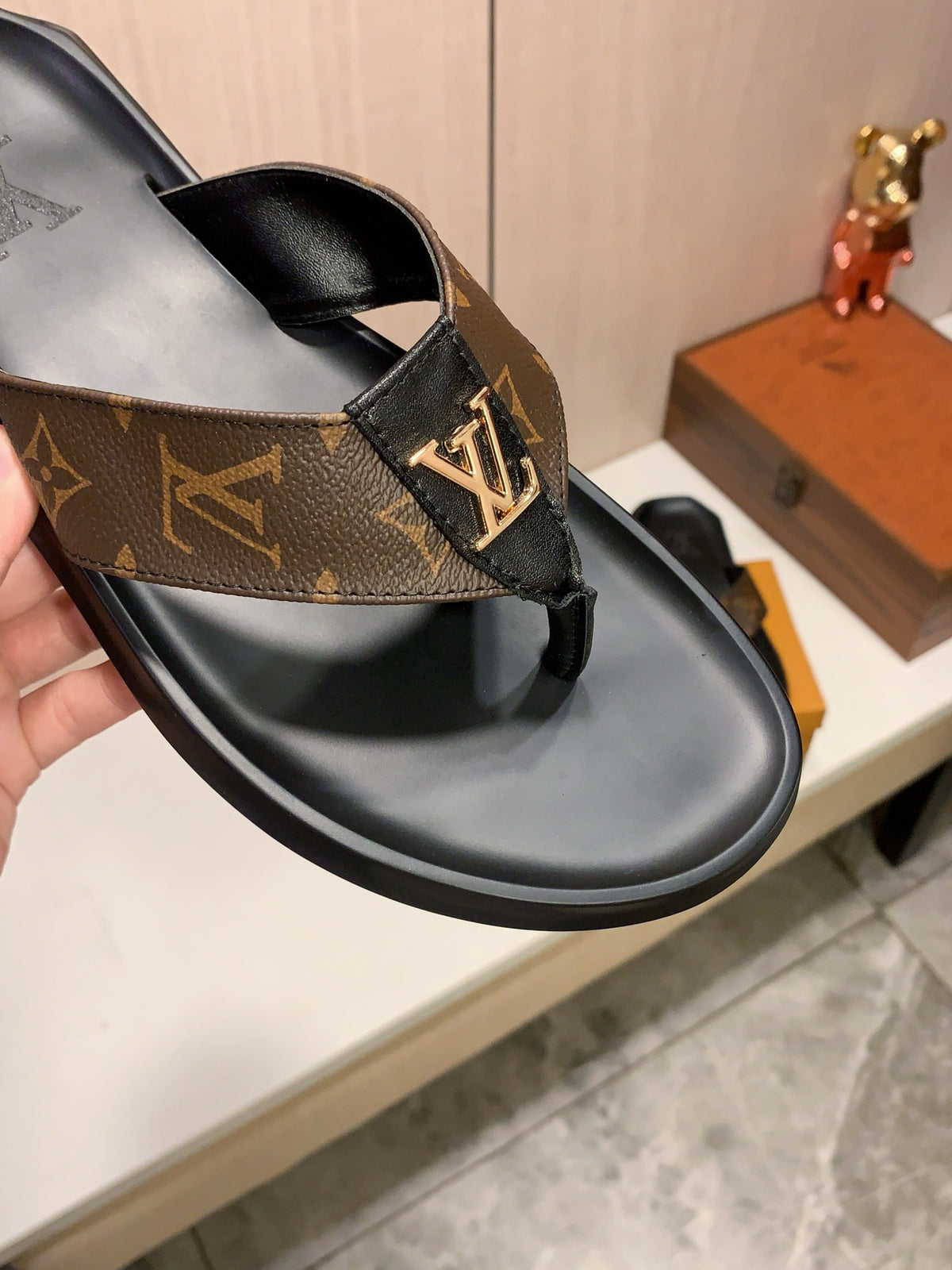Men’s Black & Brown Monogram Thong Sandals | Gold-Tone Letter Accent