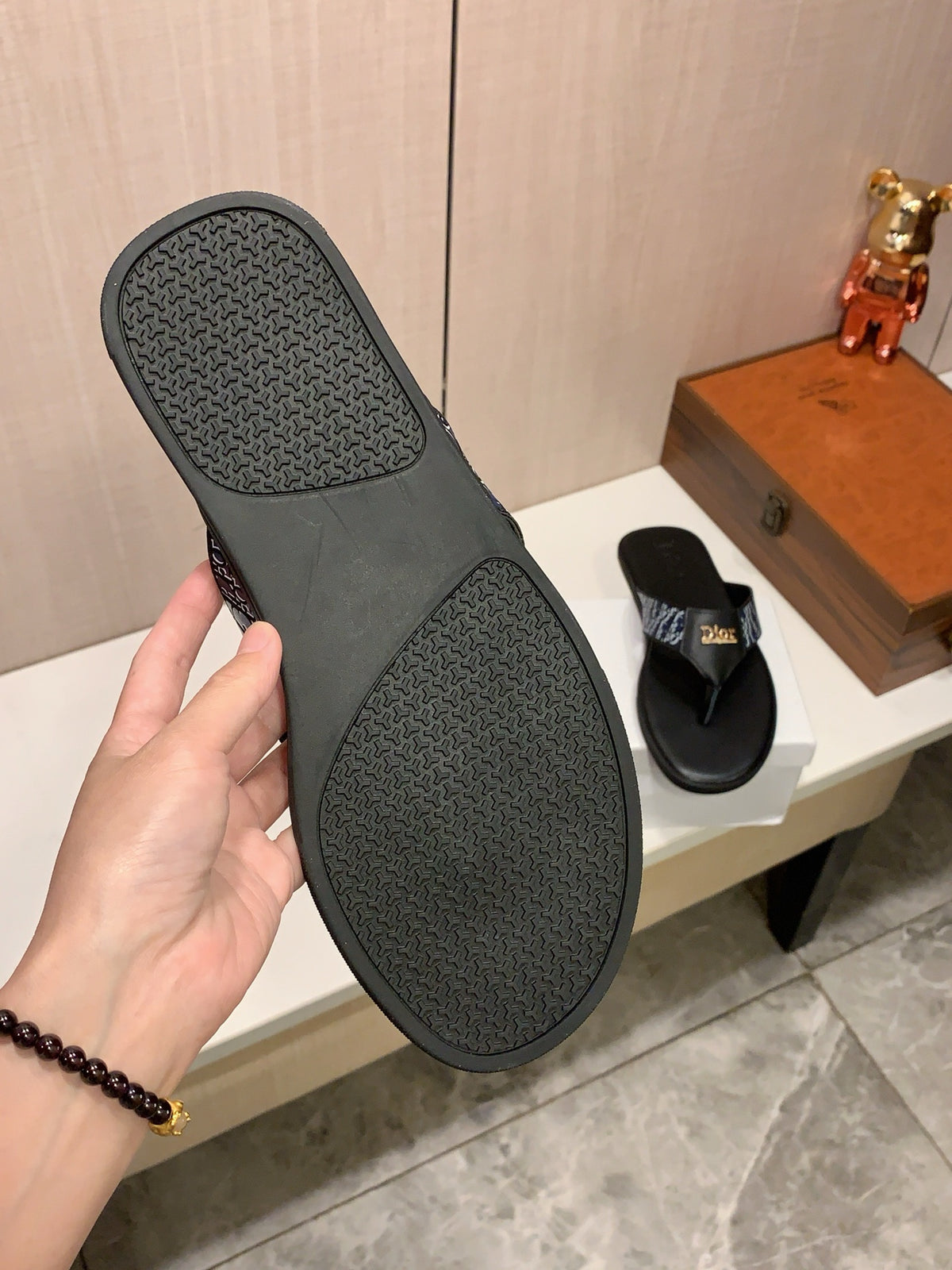 Men’s Black Monogram Thong Sandals | Gold-Tone Letter Detail & Refined Summer Style