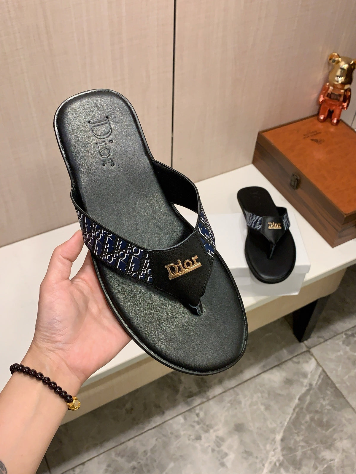 Men’s Black Monogram Thong Sandals | Gold-Tone Letter Detail & Refined Summer Style