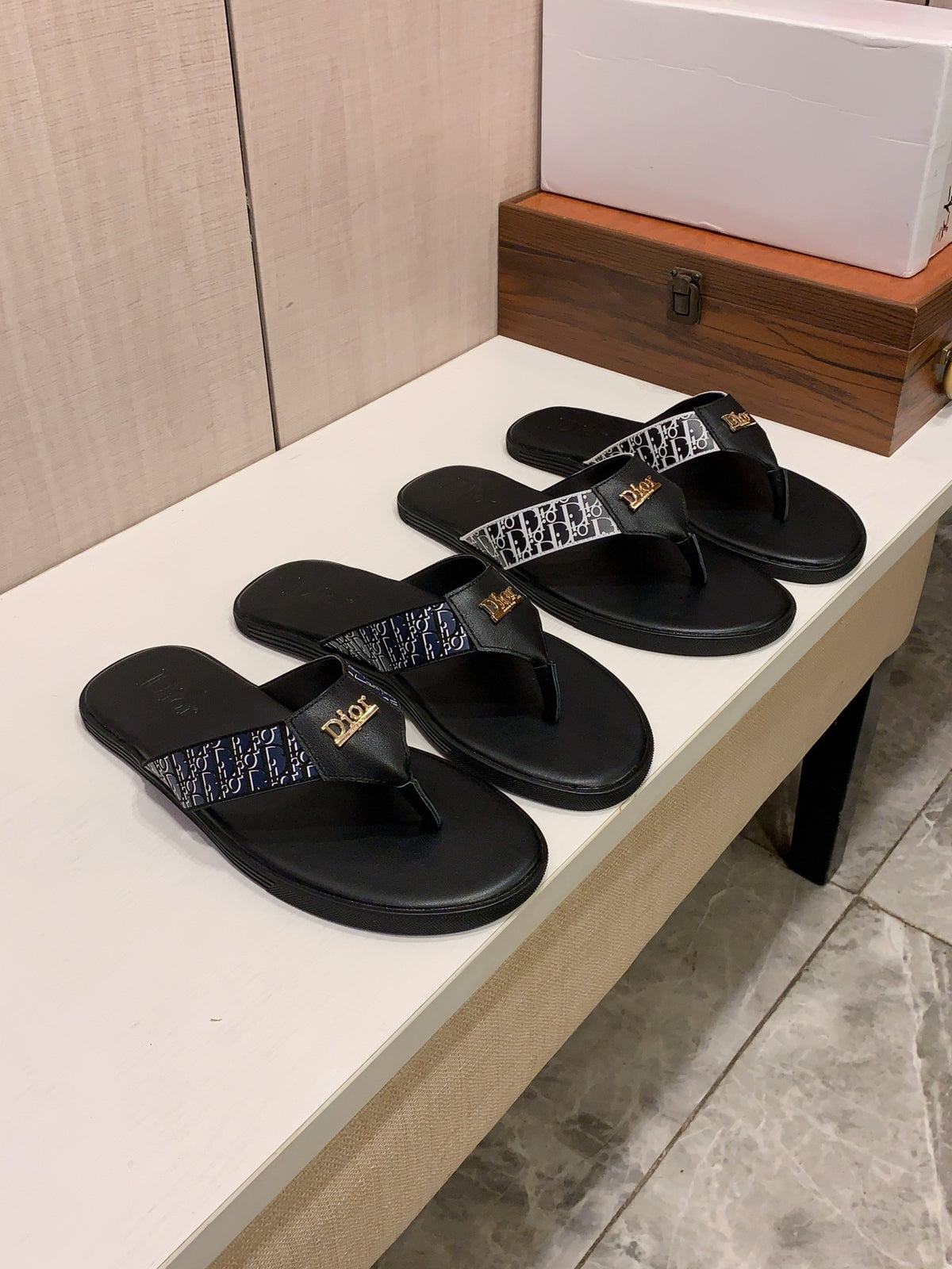 Monogram Thong Sandals | Black & White with Gold-Tone Detailing