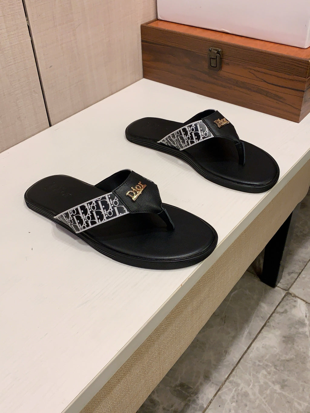 Monogram Thong Sandals | Black & White with Gold-Tone Detailing