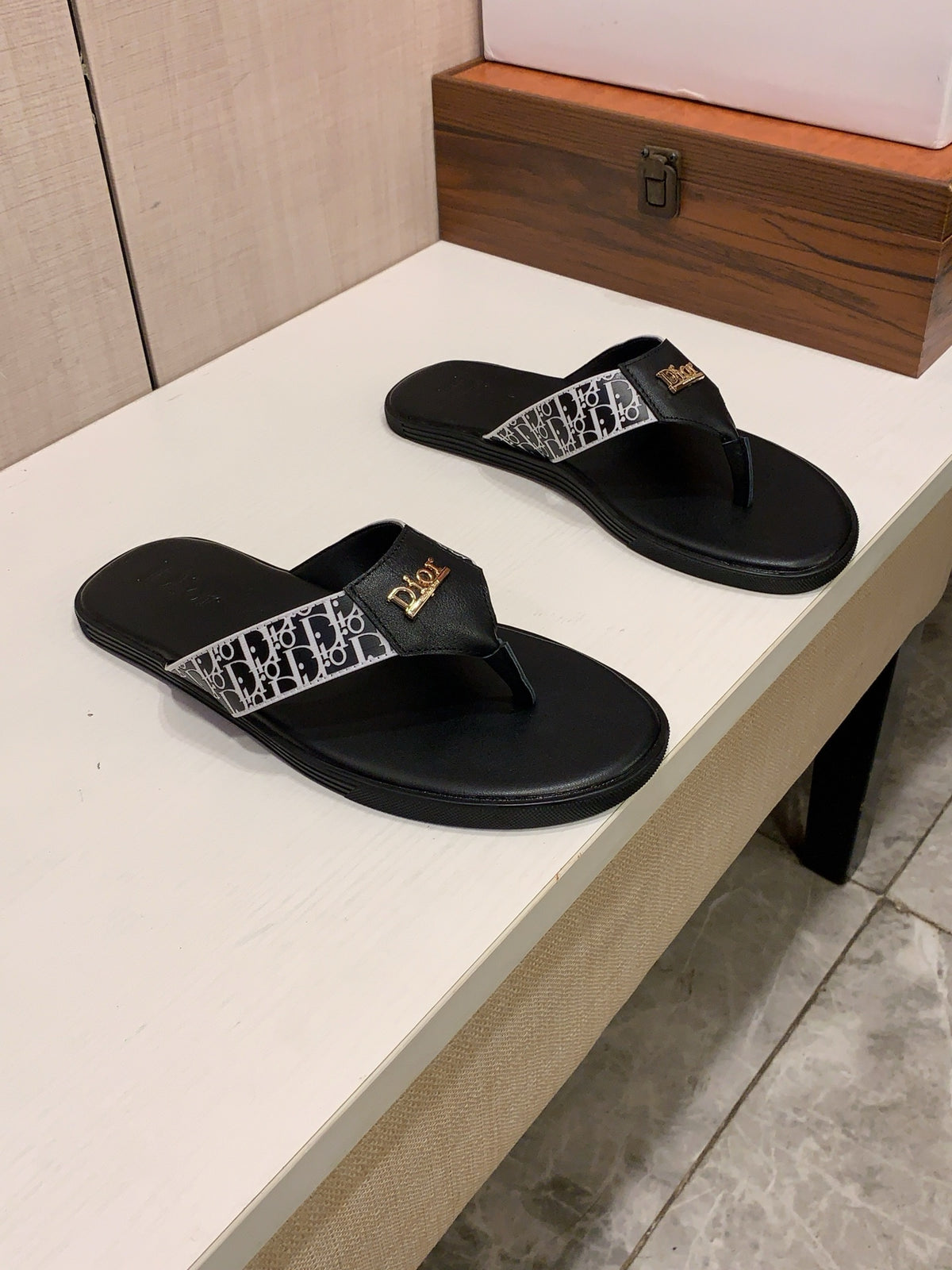Monogram Thong Sandals | Black & White with Gold-Tone Detailing