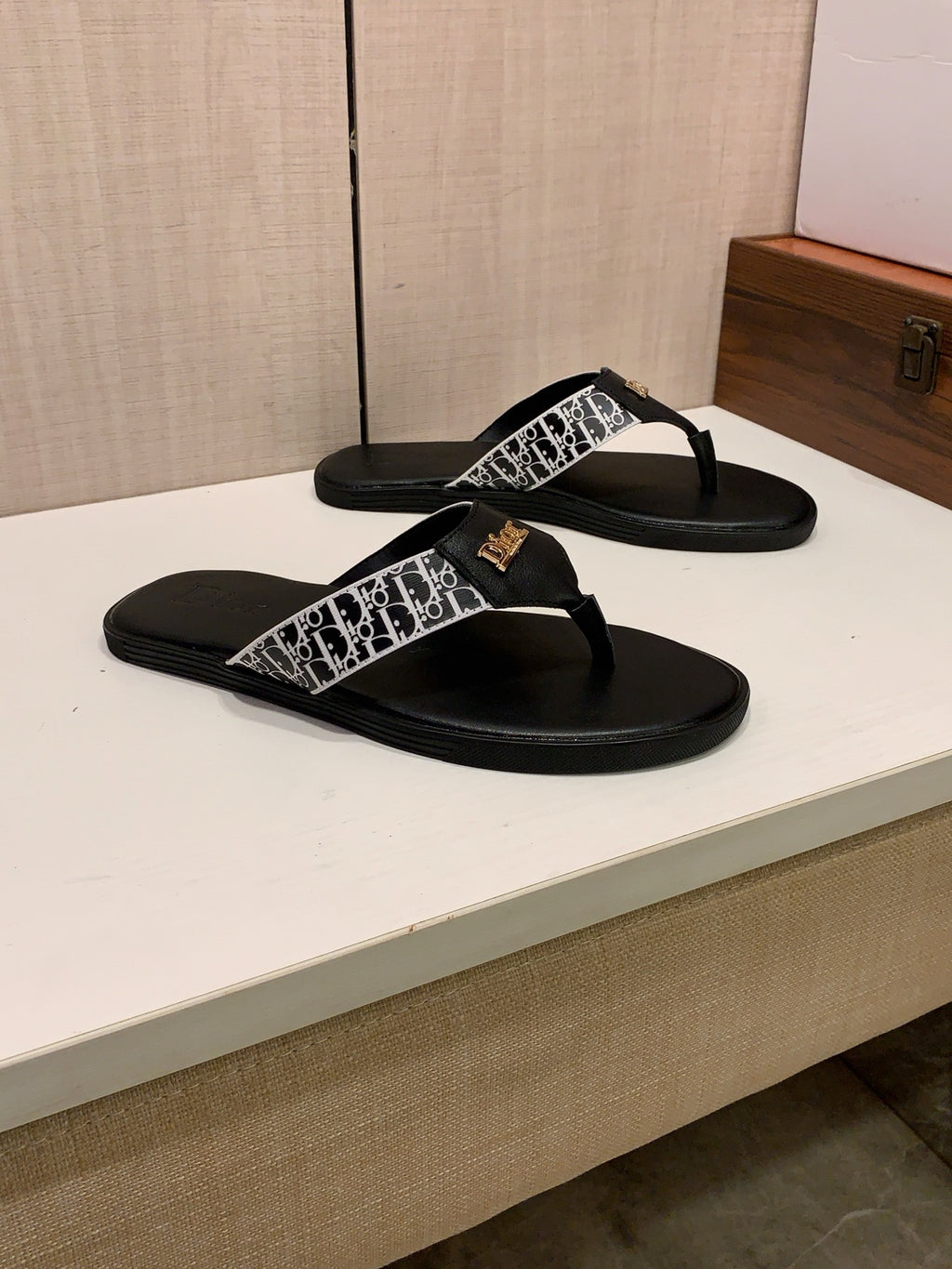 Monogram Thong Sandals | Black & White with Gold-Tone Detailing
