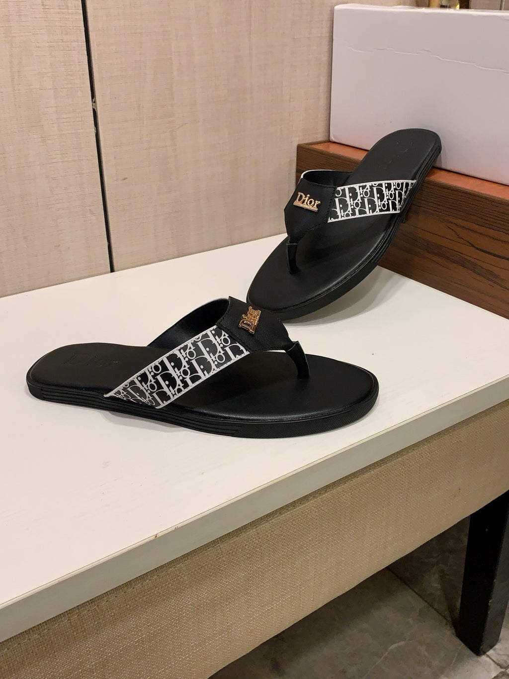 Monogram Thong Sandals | Black & White with Gold-Tone Detailing