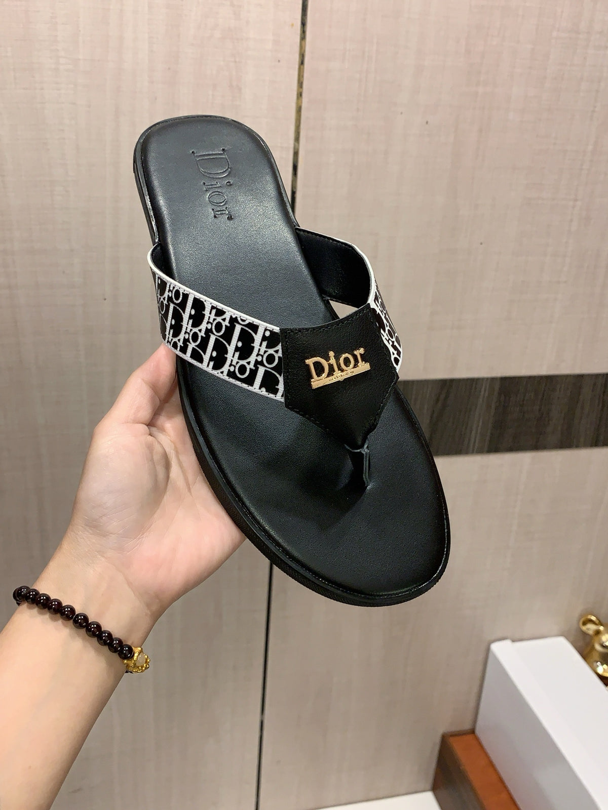 Monogram Thong Sandals | Black & White with Gold-Tone Detailing