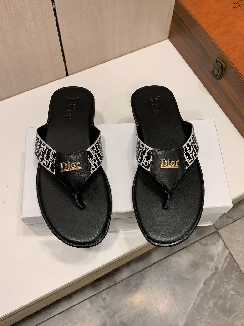Monogram Thong Sandals | Black & White with Gold-Tone Detailing
