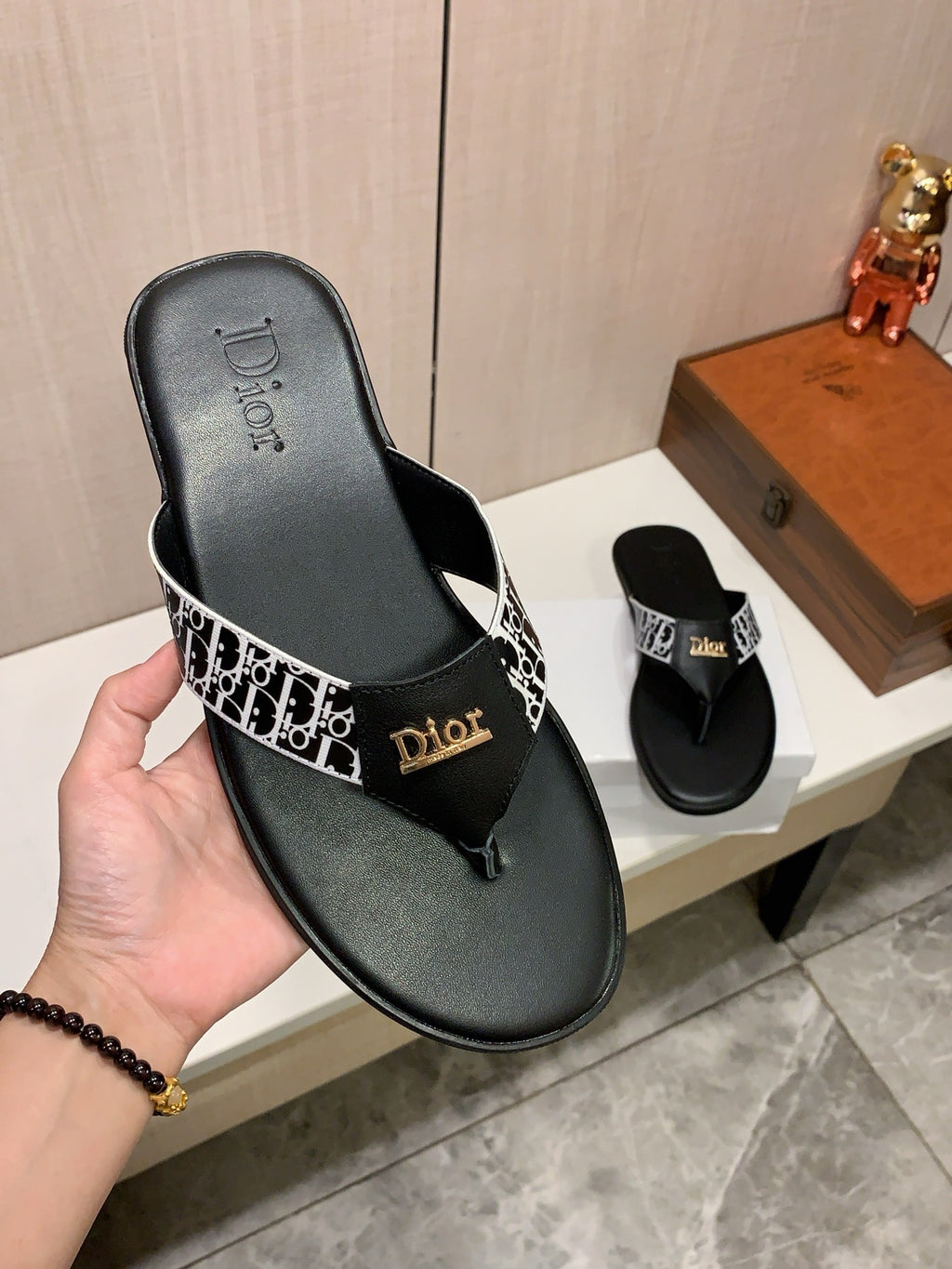 Monogram Thong Sandals | Black & White with Gold-Tone Detailing